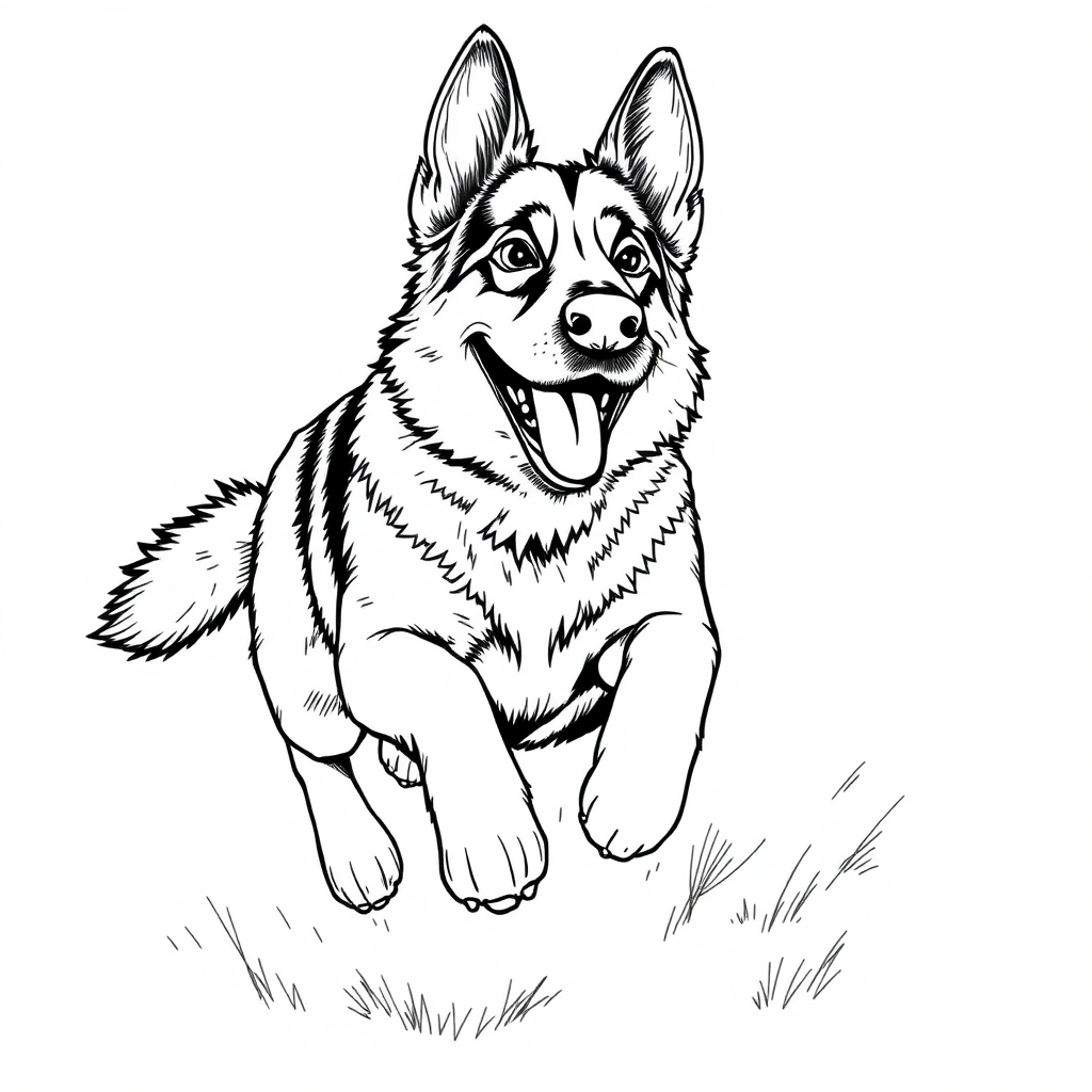 German Shepherd dog — playing and running, energetic and joyful coloring page Rockwell style - free printable