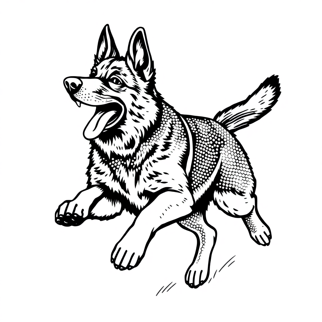 German Shepherd dog — playing and running, energetic and joyful coloring page Stipple style - free printable