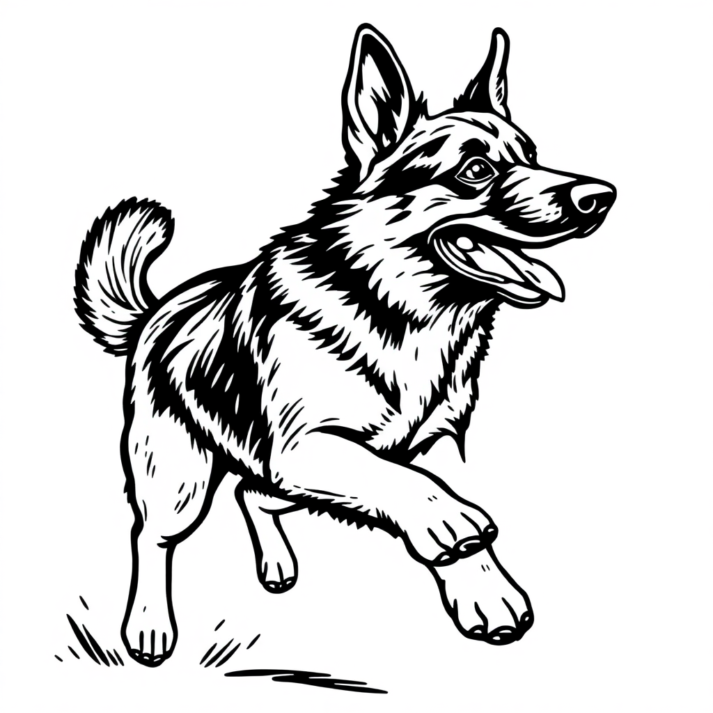 German Shepherd dog — playing and running, energetic and joyful coloring page Woodcut style - free printable