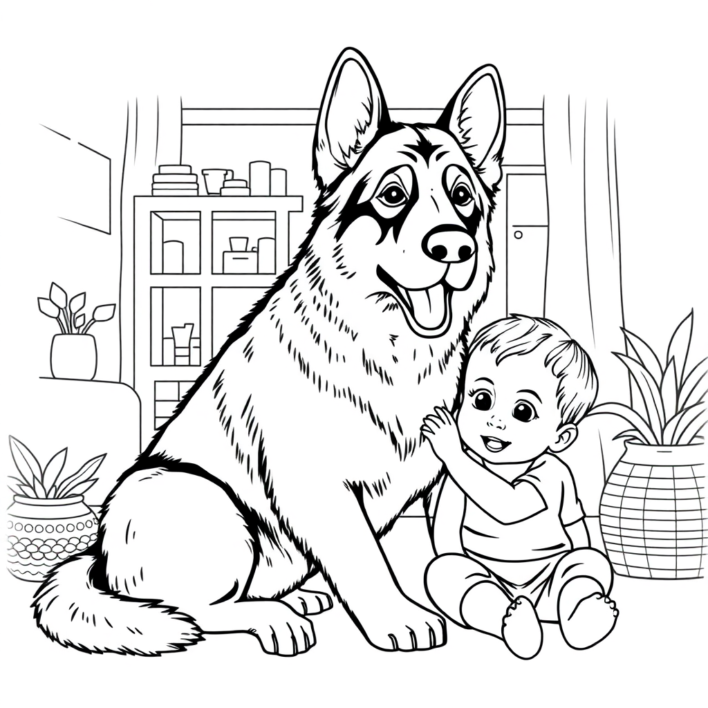 German Shepherd dog — with a young child in a cozy home setting coloring page Contour style - free printable