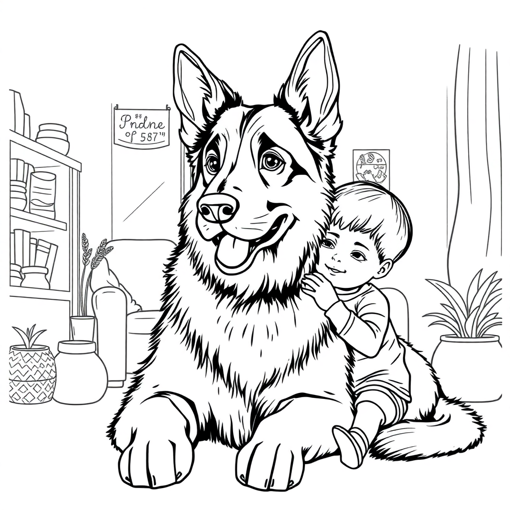 German Shepherd dog — with a young child in a cozy home setting coloring page Manga style - free printable