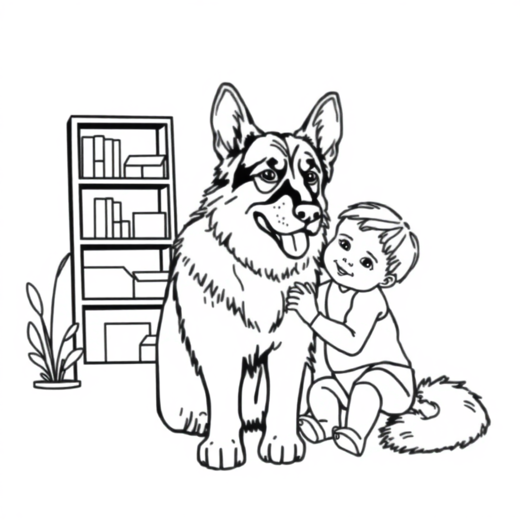 German Shepherd dog — with a young child in a cozy home setting coloring page Minimal style - free printable