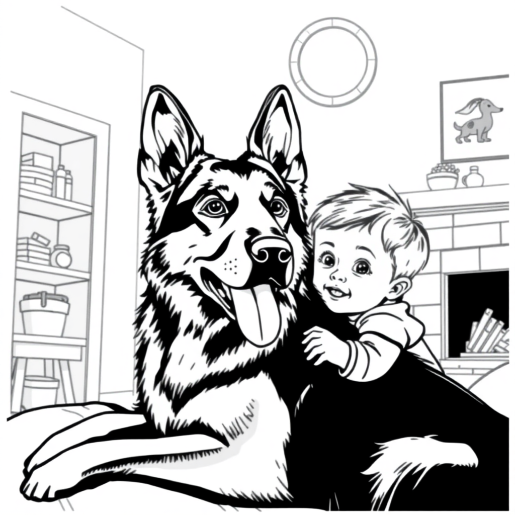 German Shepherd dog — with a young child in a cozy home setting coloring page Rockwell style - free printable
