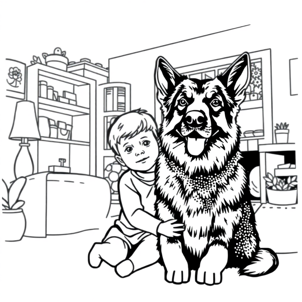 German Shepherd dog — with a young child in a cozy home setting coloring page Stipple style - free printable