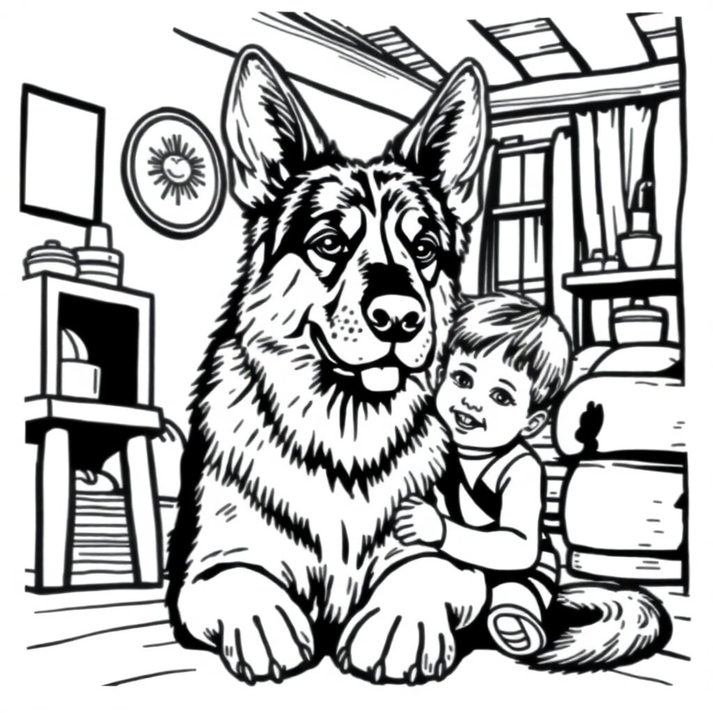 German Shepherd dog — with a young child in a cozy home setting coloring page Woodcut style - free printable