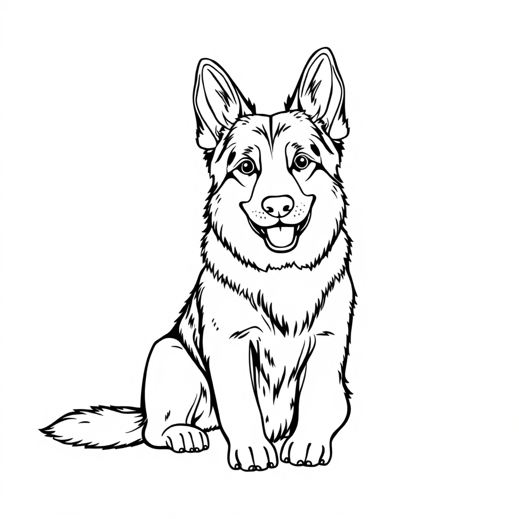 German Shepherd dog — sitting portrait, looking at viewer, friendly expression coloring page Contour style - free printable