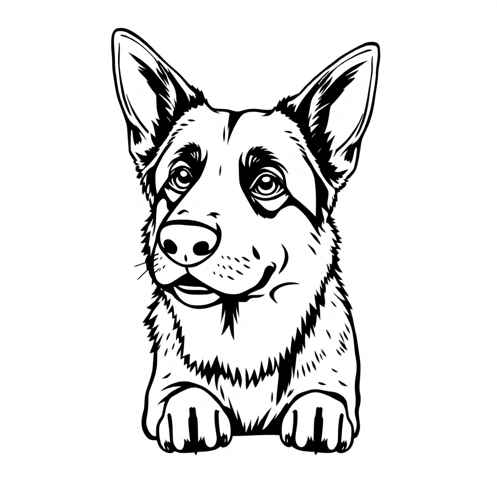 German Shepherd dog — sitting portrait, looking at viewer, friendly expression coloring page Manga style - free printable
