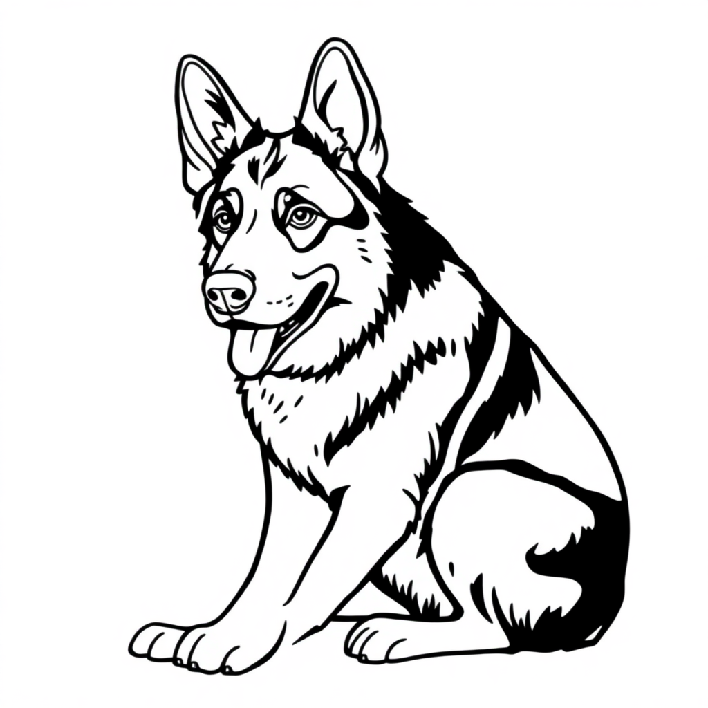 German Shepherd dog — sitting portrait, looking at viewer, friendly expression coloring page Minimal style - free printable
