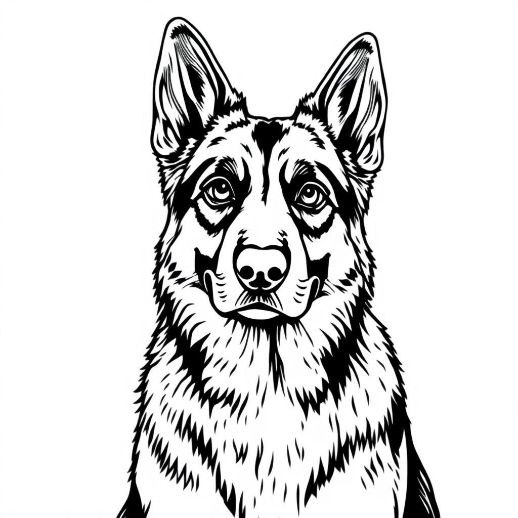 German Shepherd dog — sitting portrait, looking at viewer, friendly expression coloring page Rockwell style - free printable