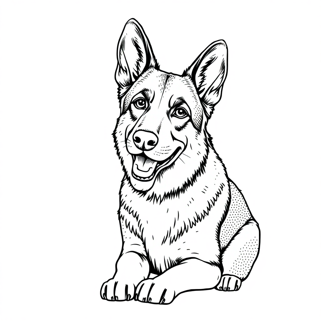 German Shepherd dog — sitting portrait, looking at viewer, friendly expression coloring page Stipple style - free printable