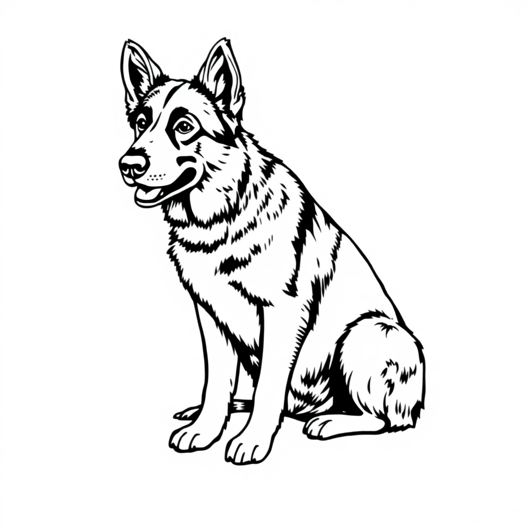 German Shepherd dog — sitting portrait, looking at viewer, friendly expression coloring page Woodcut style - free printable