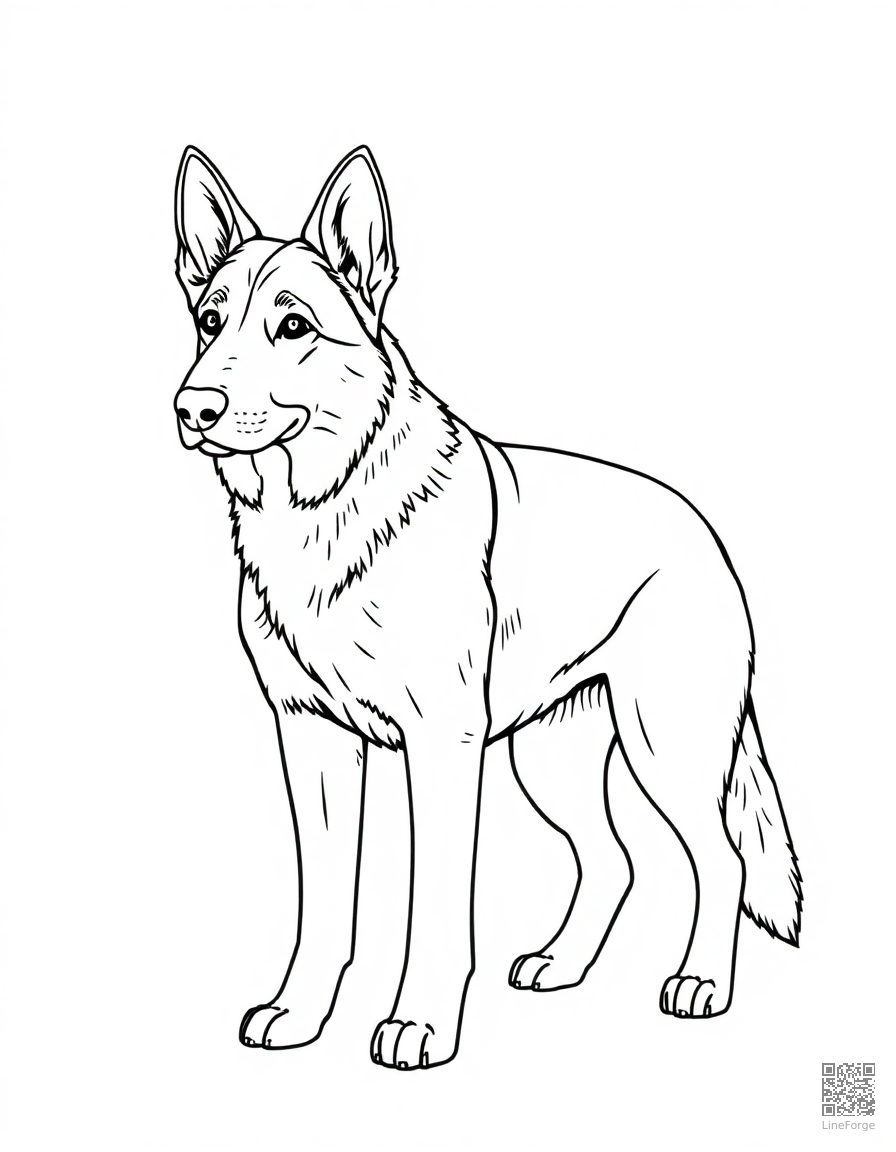 German Shepherd standing alert coloring page Contour style - free printable