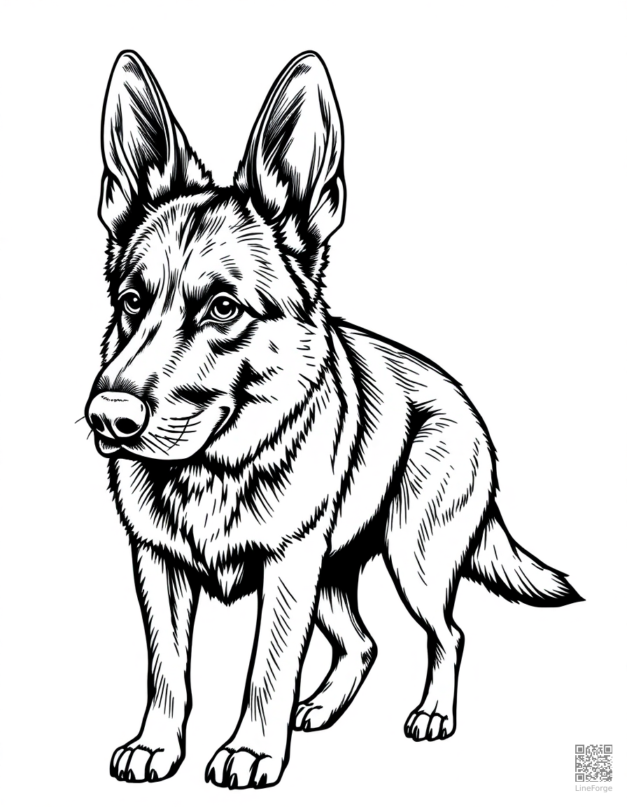 German Shepherd standing alert coloring page Crosshatch style - free printable