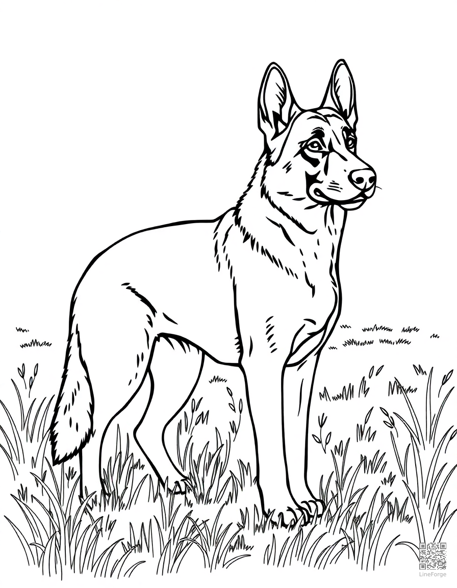 Free german shepherd standing alert in a field coloring page in contour style — printable line art