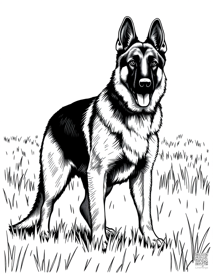 Free german shepherd standing alert in a field coloring page in crosshatch style — printable line art