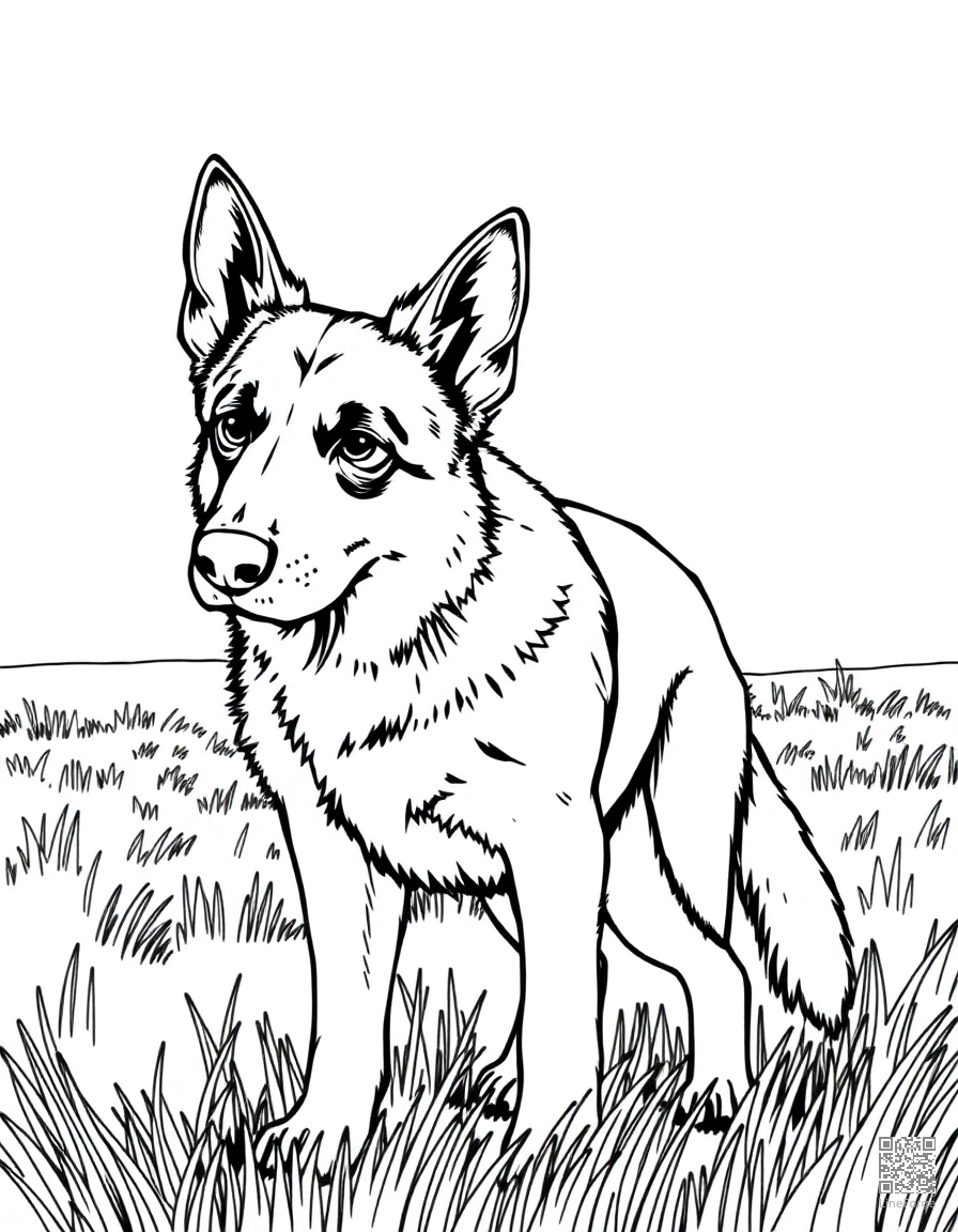 Free german shepherd standing alert in a field coloring page in manga style — printable line art