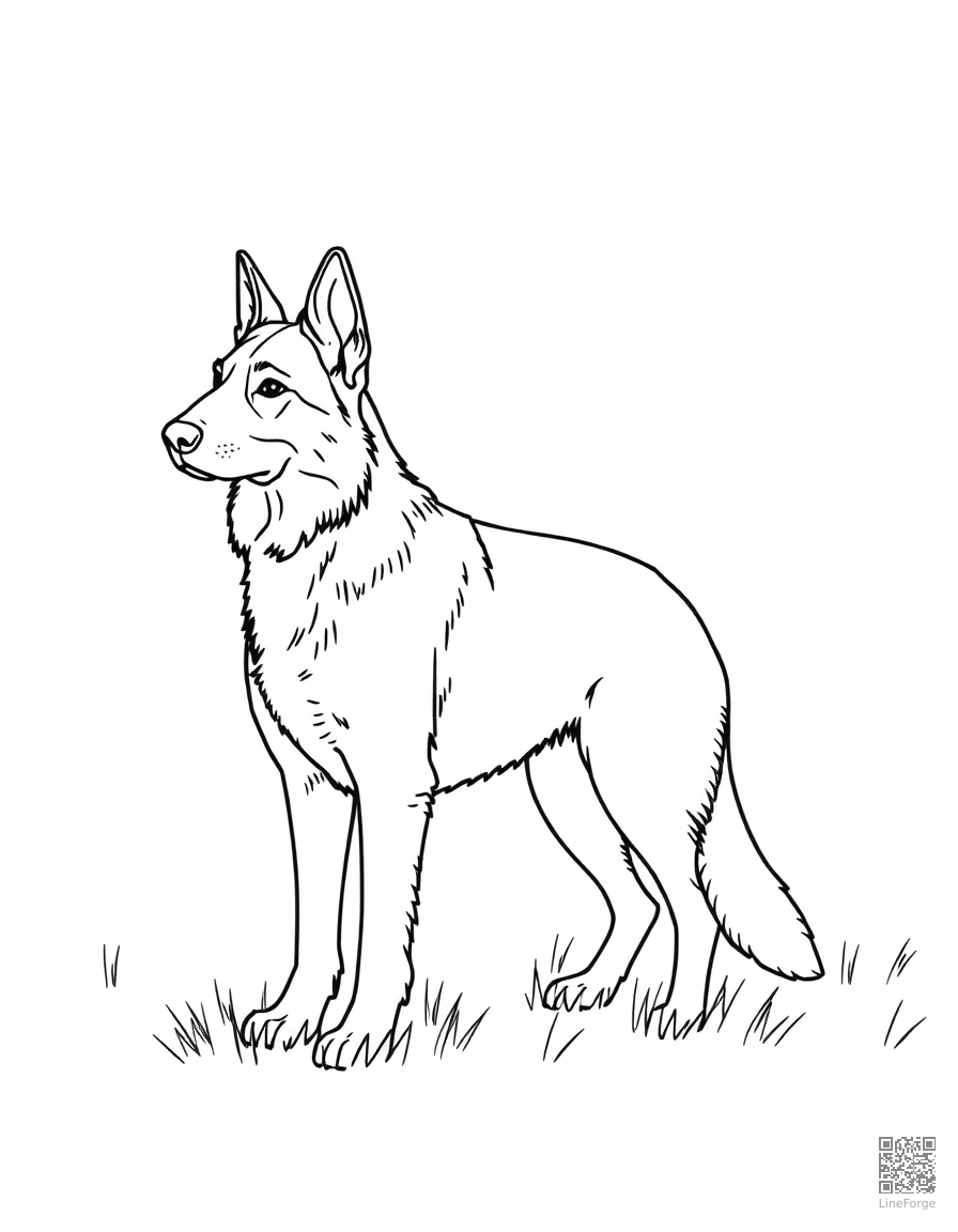 Free german shepherd standing alert in a field coloring page in minimal style — printable line art