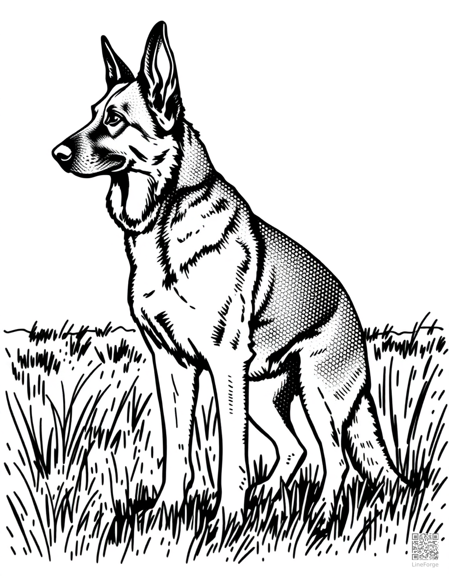 Free german shepherd standing alert in a field coloring page in stipple style — printable line art