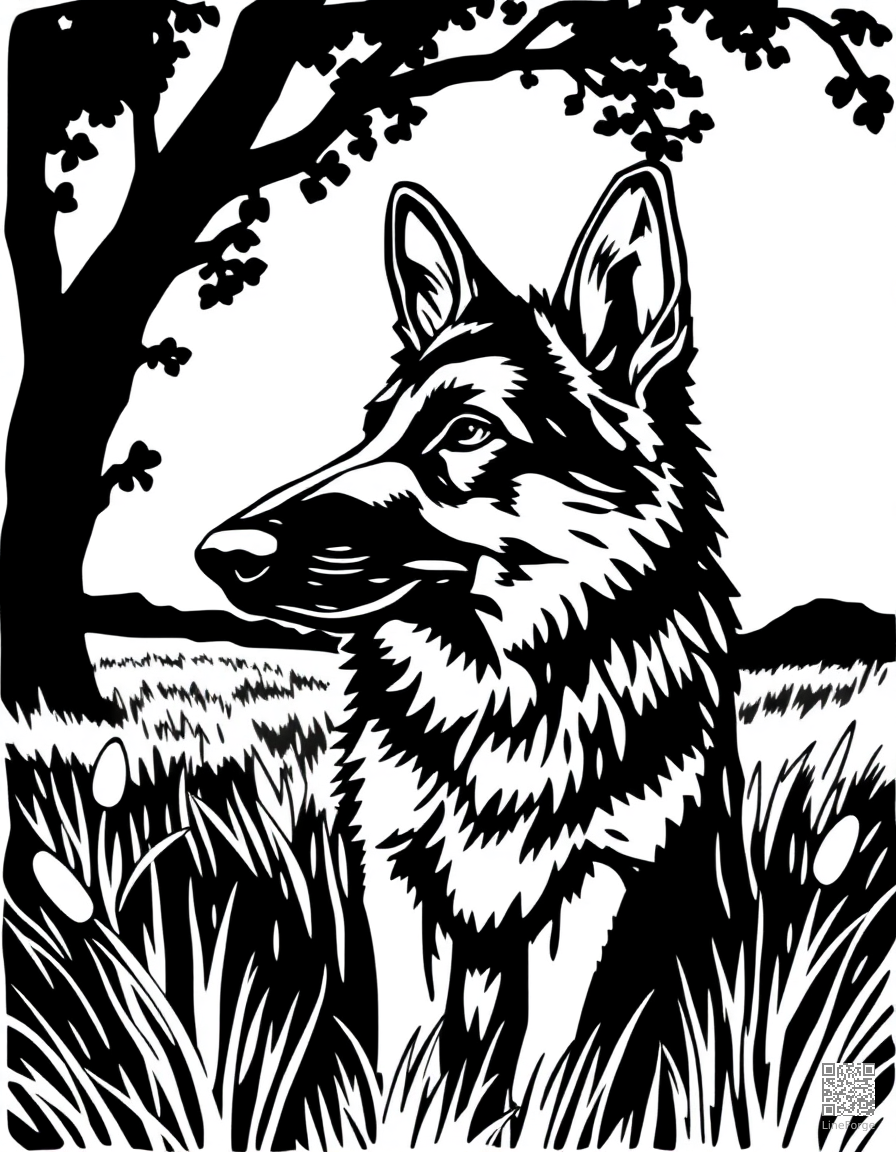 Free german shepherd standing alert in a field coloring page in woodcut style — printable line art
