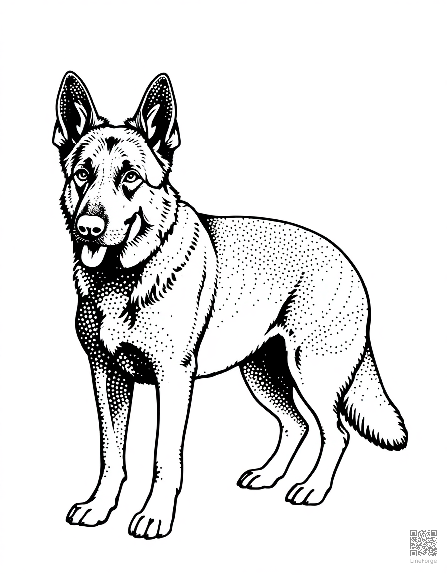 German Shepherd standing alert coloring page Stipple style - free printable