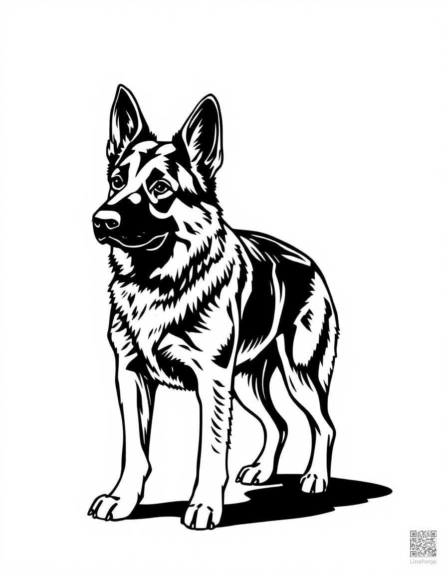 German Shepherd standing alert coloring page Woodcut style - free printable