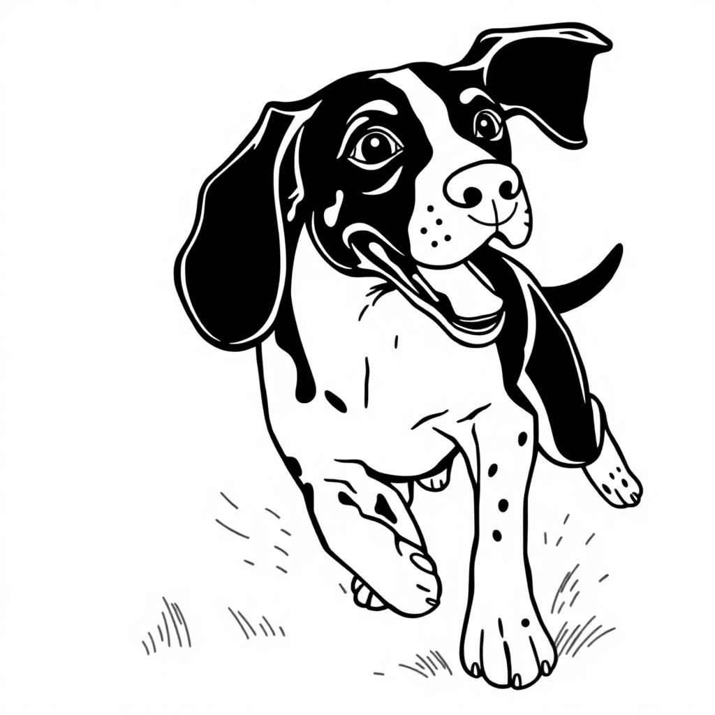 German Shorthaired Pointer dog — playing and running, energetic and joyful coloring page Contour style - free printable
