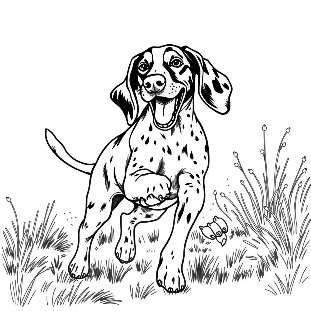 German Shorthaired Pointer dog — playing and running, energetic and joyful coloring page Rockwell style - free printable