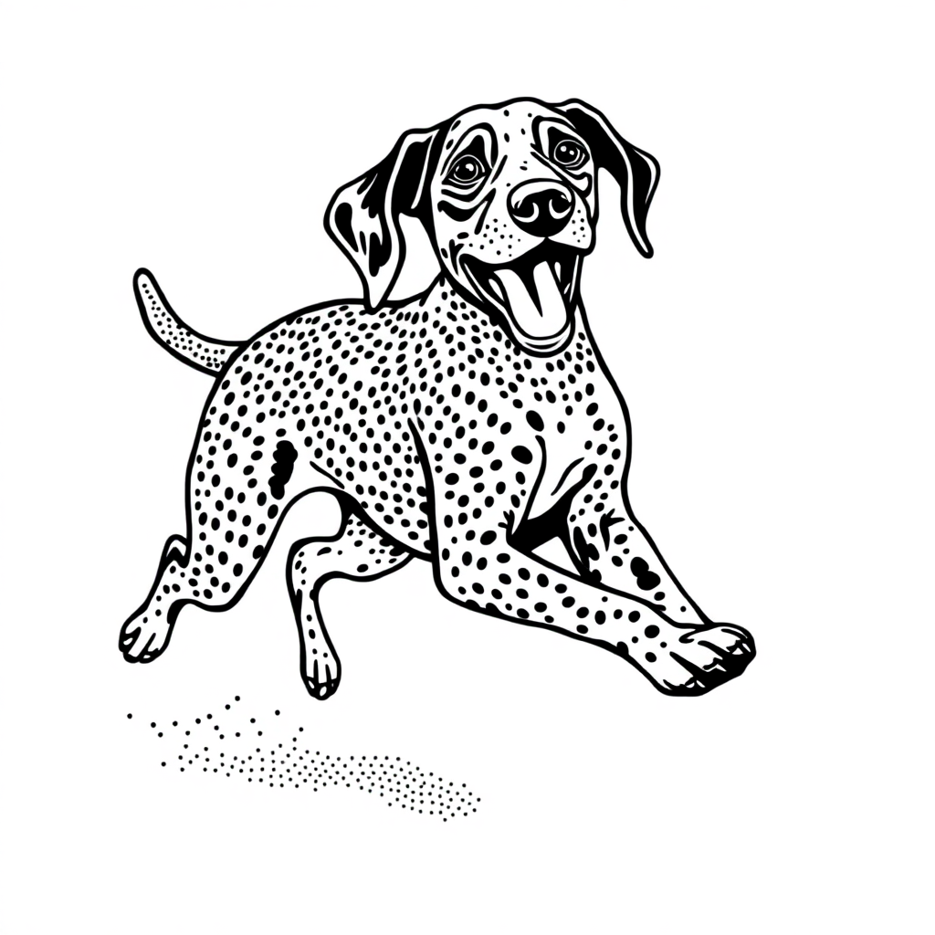 German Shorthaired Pointer dog — playing and running, energetic and joyful coloring page Stipple style - free printable