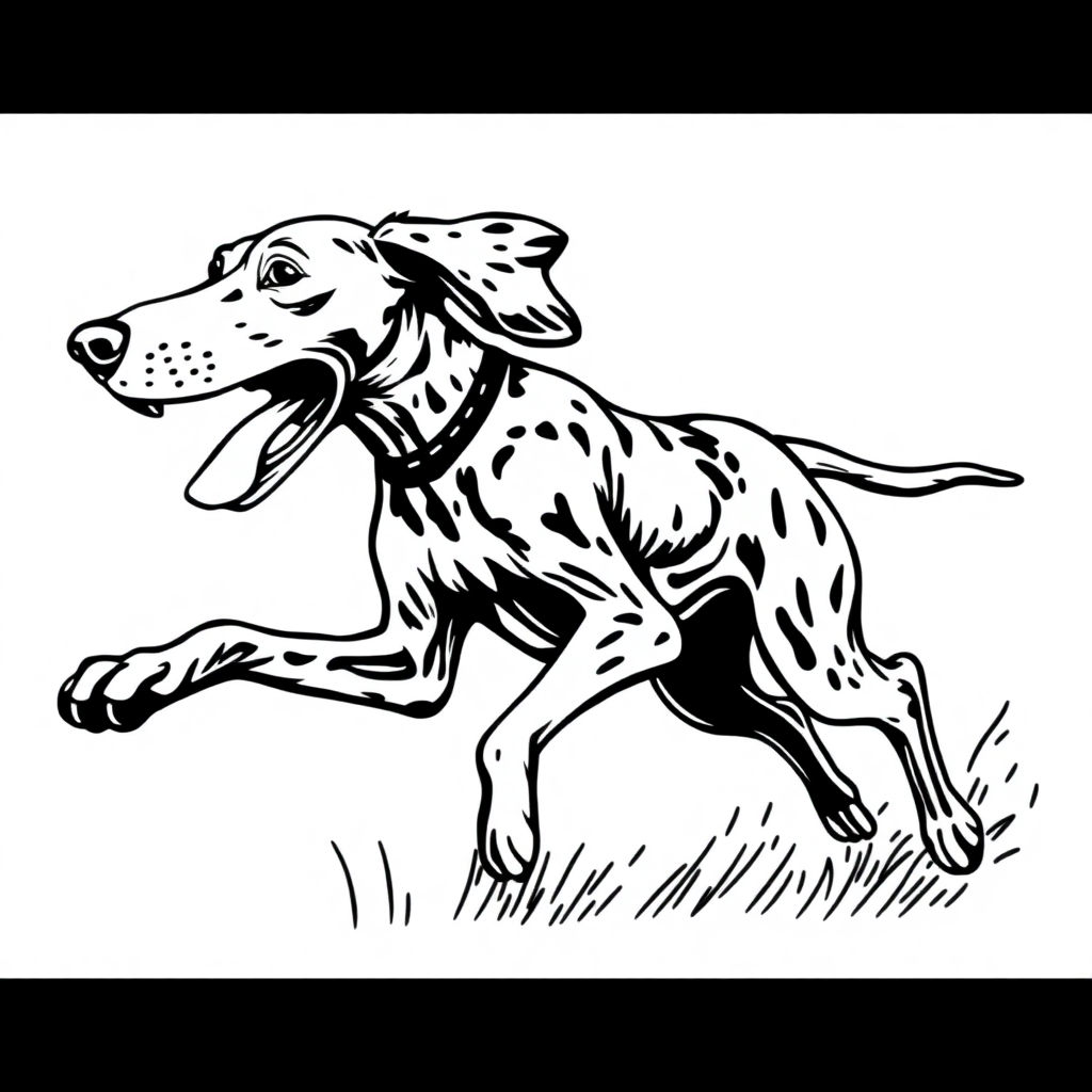 German Shorthaired Pointer dog — playing and running, energetic and joyful coloring page Woodcut style - free printable