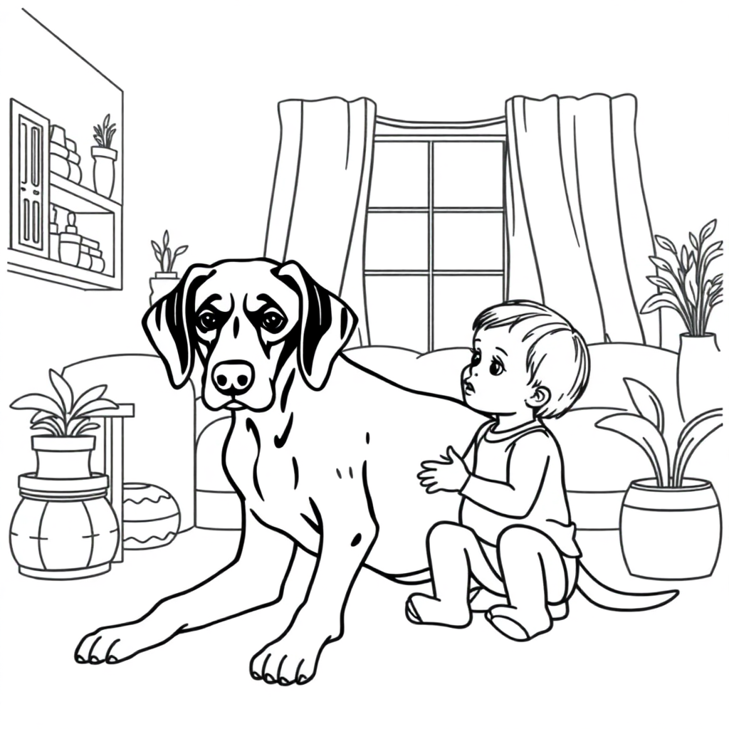 German Shorthaired Pointer dog — with a young child in a cozy home setting coloring page Contour style - free printable