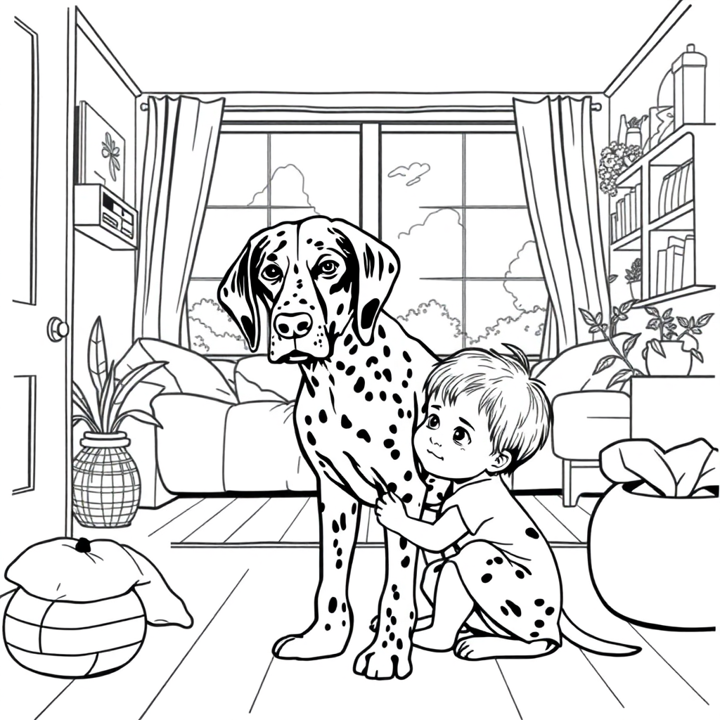German Shorthaired Pointer dog — with a young child in a cozy home setting coloring page Manga style - free printable