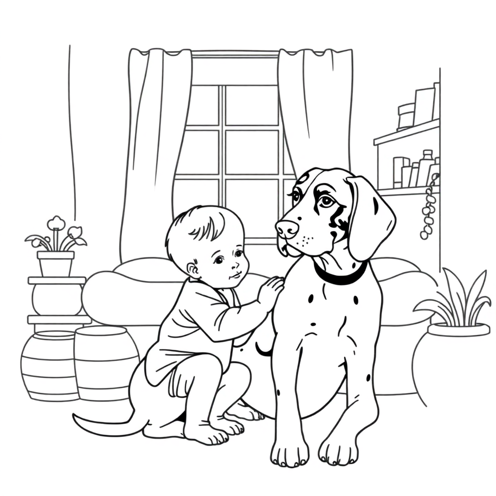 German Shorthaired Pointer dog — with a young child in a cozy home setting coloring page Minimal style - free printable