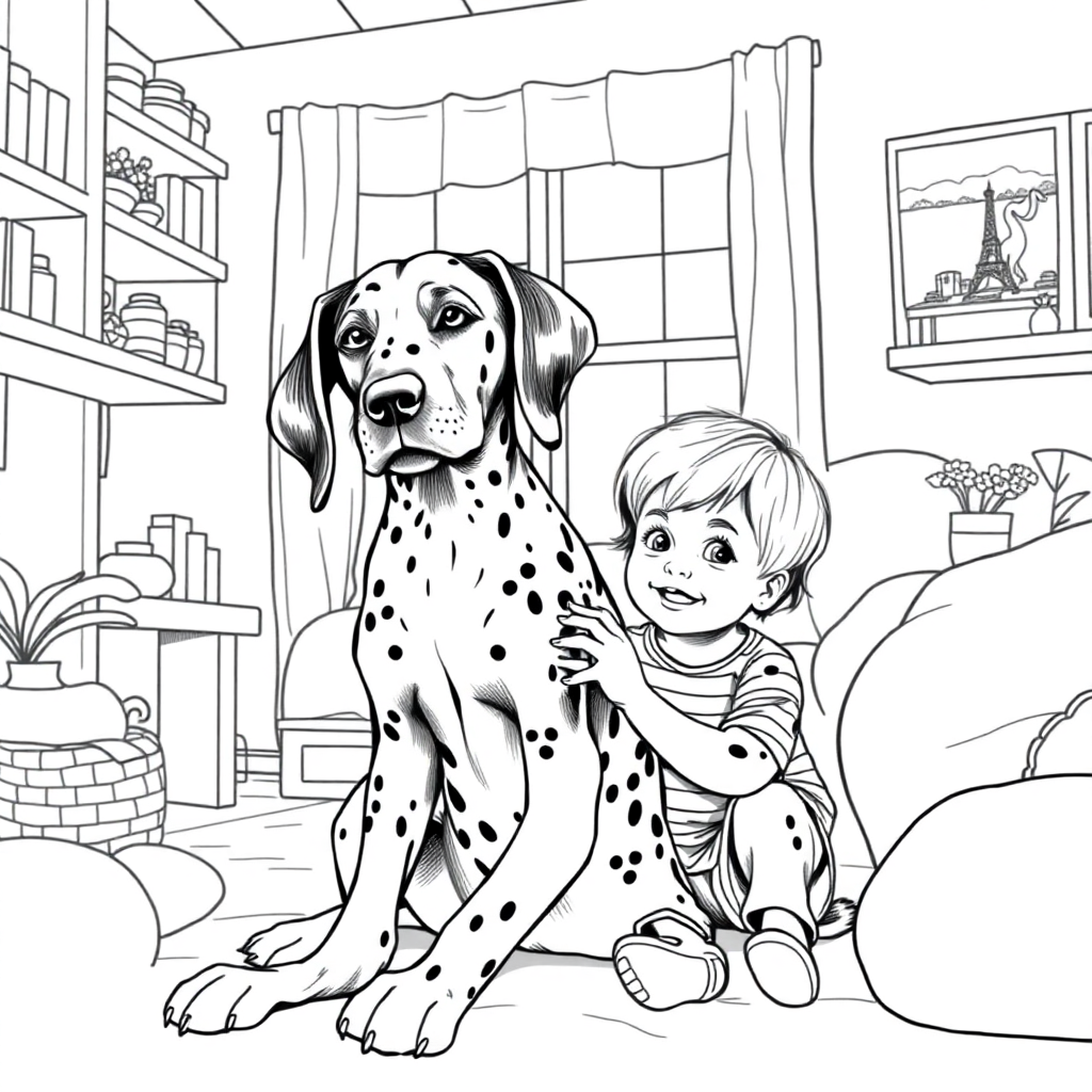 German Shorthaired Pointer dog — with a young child in a cozy home setting coloring page Rockwell style - free printable