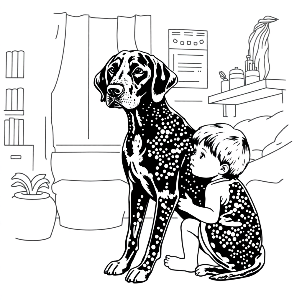 German Shorthaired Pointer dog — with a young child in a cozy home setting coloring page Stipple style - free printable