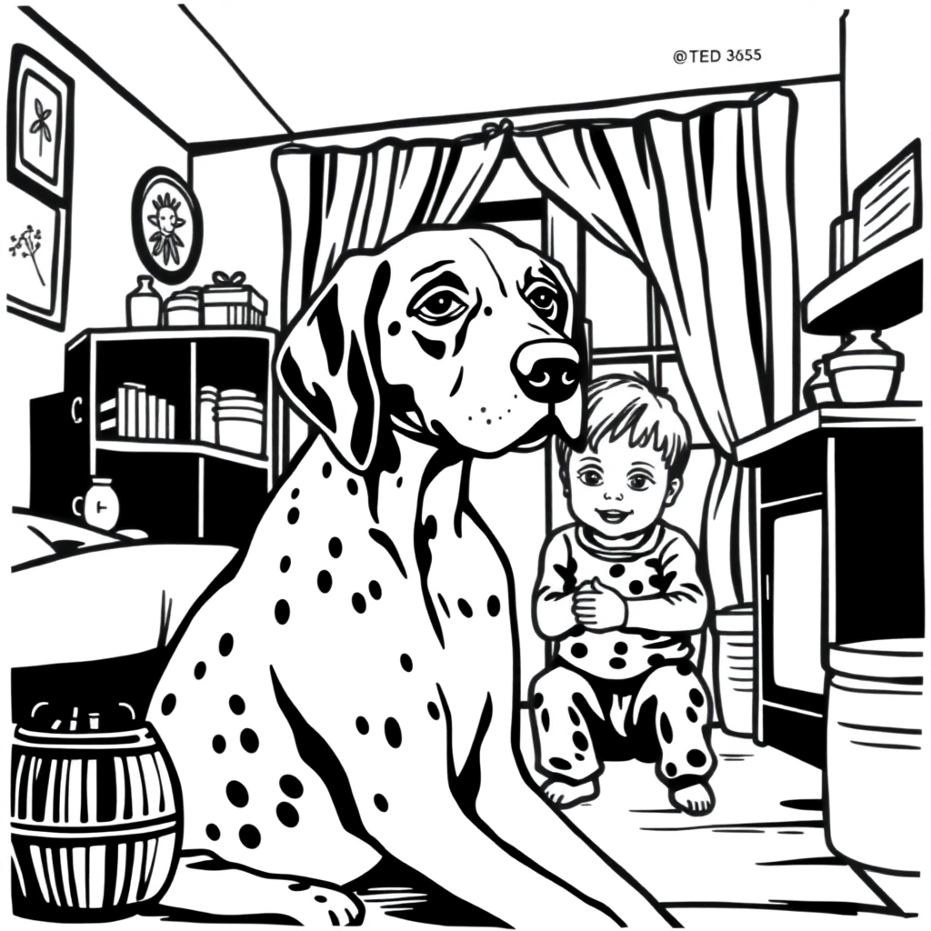 German Shorthaired Pointer dog — with a young child in a cozy home setting coloring page Woodcut style - free printable