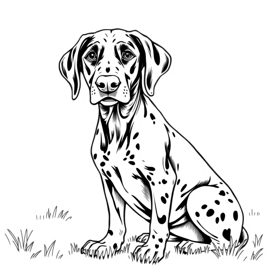 German Shorthaired Pointer dog — sitting portrait, looking at viewer, friendly expression coloring page Rockwell style - free printable