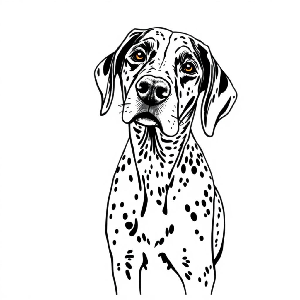 German Shorthaired Pointer dog — sitting portrait, looking at viewer, friendly expression coloring page Stipple style - free printable