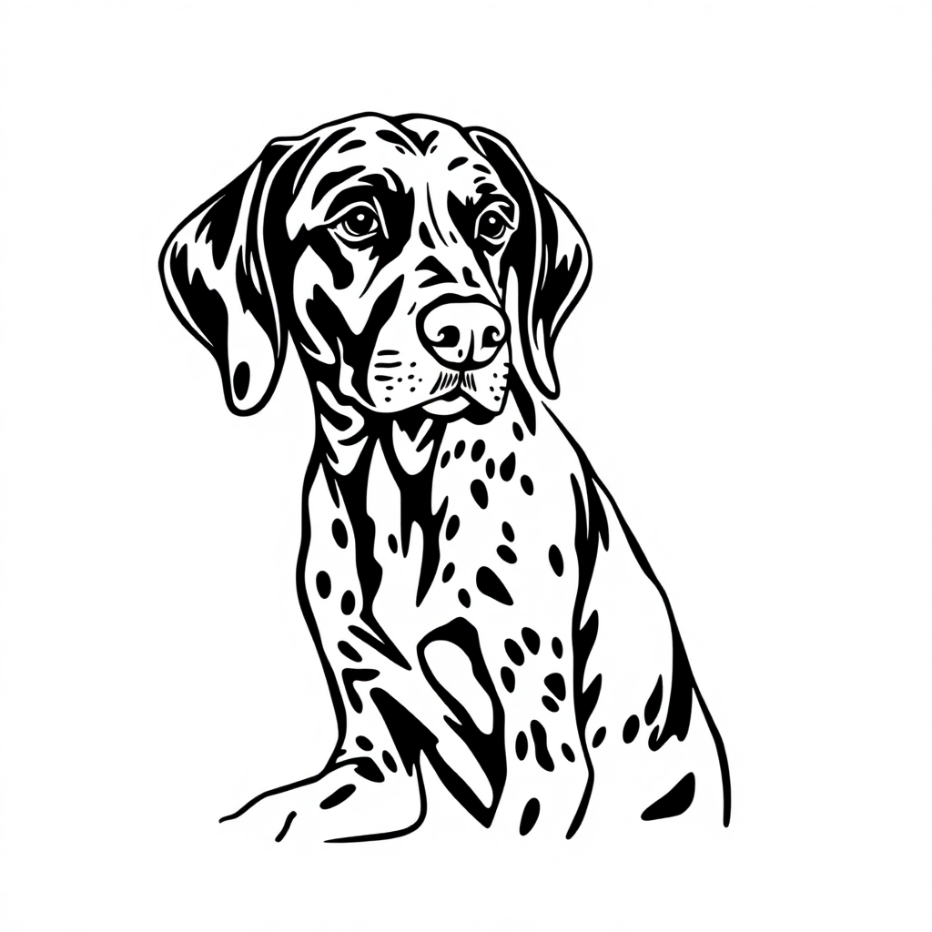 German Shorthaired Pointer dog — sitting portrait, looking at viewer, friendly expression coloring page Woodcut style - free printable