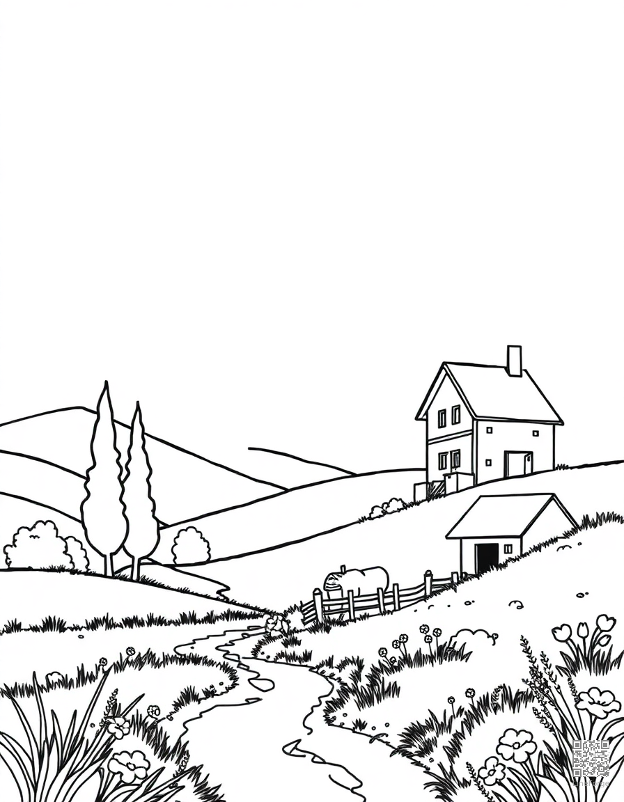 ghibli inspired countryside landscape coloring page Contour style - free printable