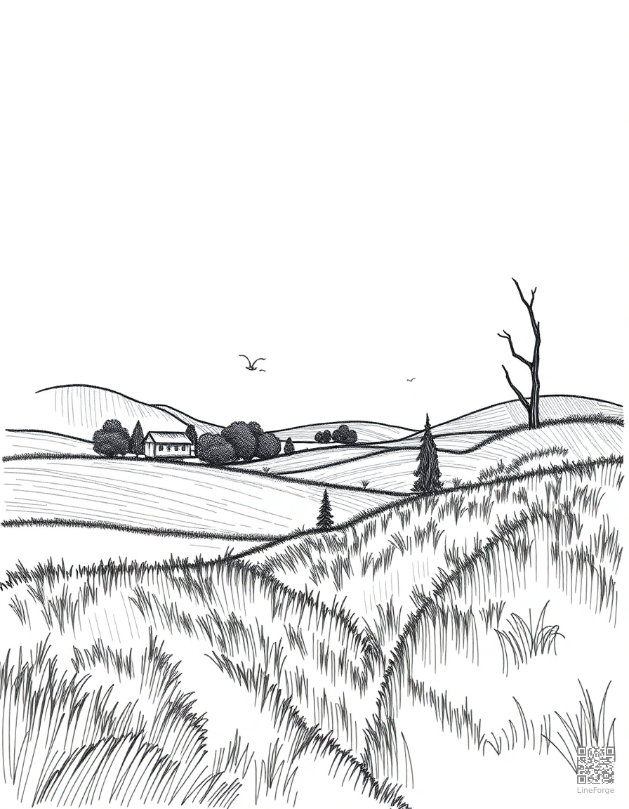 ghibli inspired countryside landscape coloring page Crosshatch style - free printable