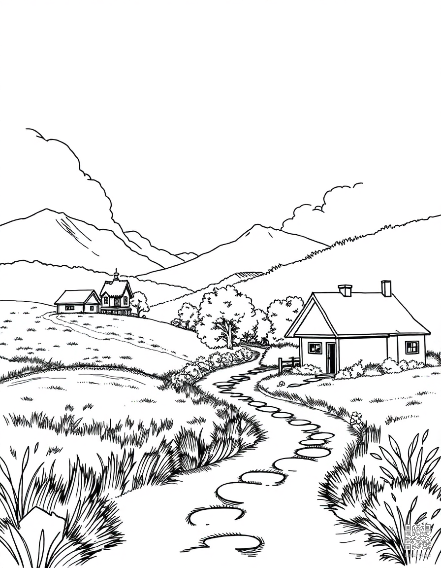 ghibli inspired countryside landscape coloring page Manga style - free printable
