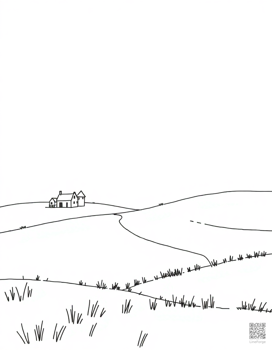 ghibli inspired countryside landscape coloring page Minimal style - free printable