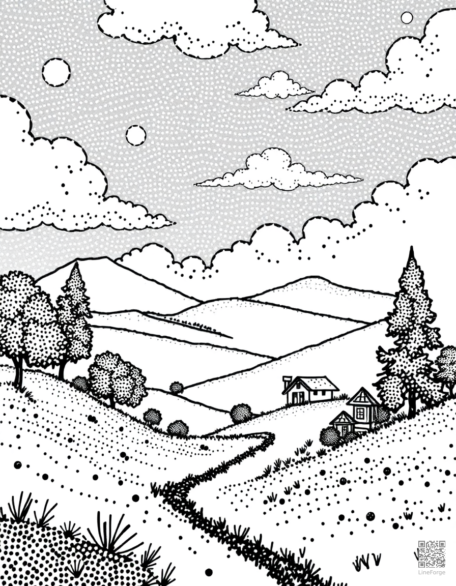 ghibli inspired countryside landscape coloring page Stipple style - free printable