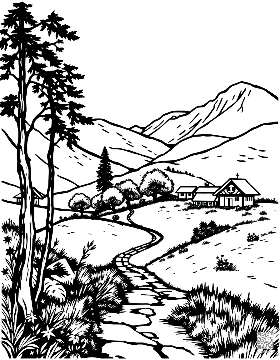 ghibli inspired countryside landscape coloring page Woodcut style - free printable