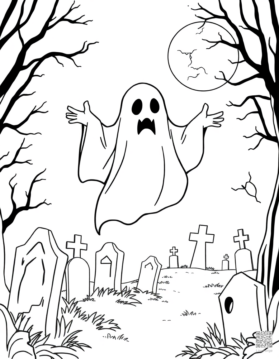 Ghost floating through a cemetery coloring page Contour style - free printable