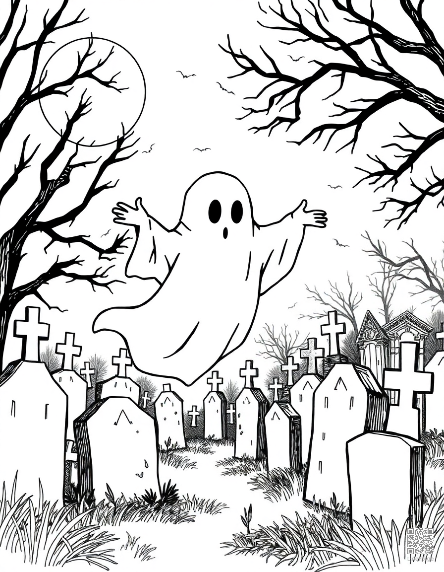Ghost floating through a cemetery coloring page Crosshatch style - free printable