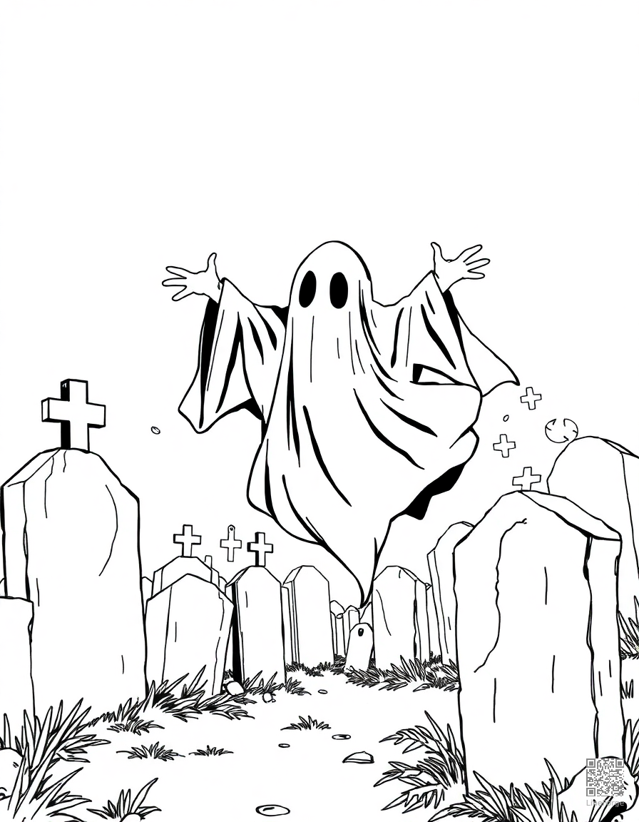 Ghost floating through a cemetery coloring page Manga style - free printable