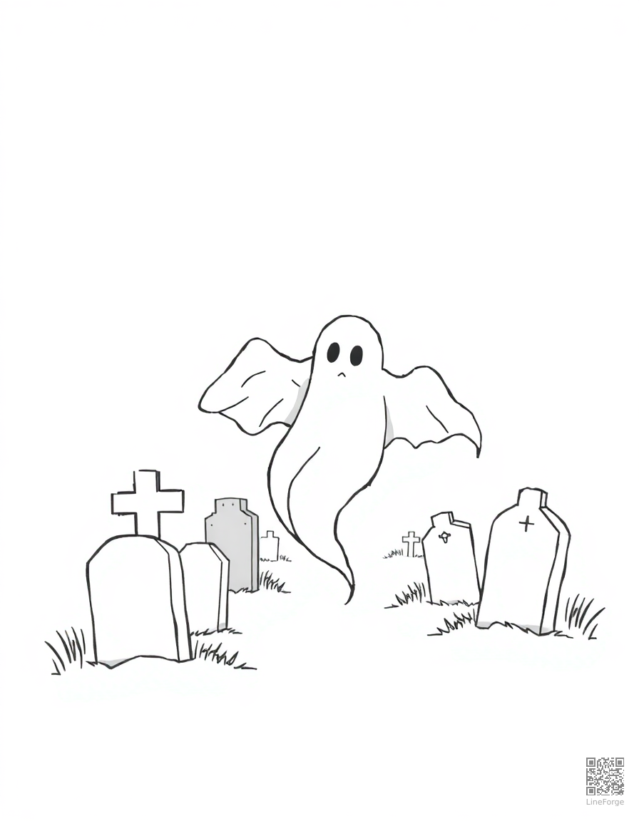 Ghost floating through a cemetery coloring page Minimal style - free printable