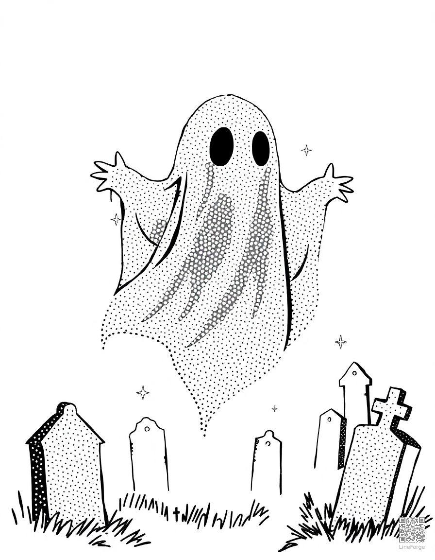 Ghost floating through a cemetery coloring page Stipple style - free printable
