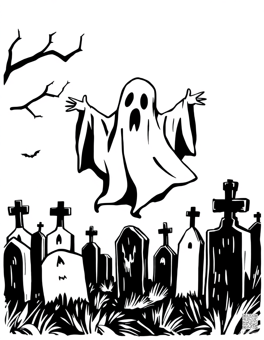 Ghost floating through a cemetery coloring page Woodcut style - free printable